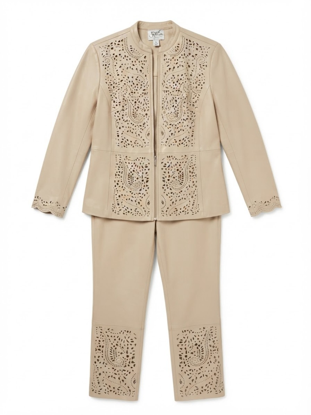 NEW PAMELA McCoy
LEATHER jacket and pants Beige Laser-Cut two piece
